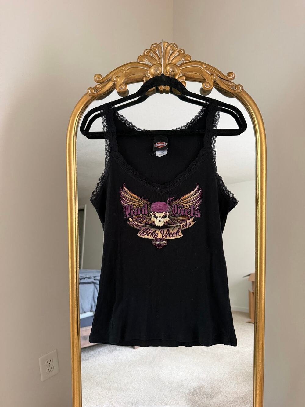 Harley Davidson Bad Girls Skull Wings Bike Week Black Lace Tank Top